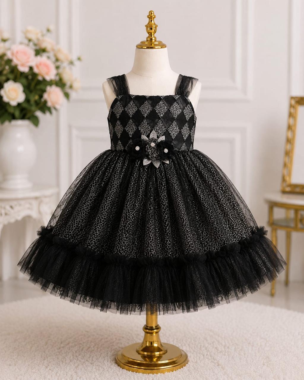 Black Glitter Tulle Party Frock for Baby Girls  Diamond Bodice & Flower Brooch