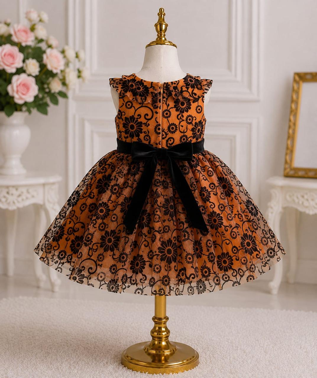 Baby Girl Orange & Black Floral Party Frock Dress