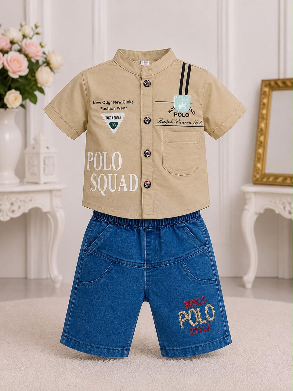 Baby Boy Khaki Shirt & Denim Shorts Set - Mandarin Collar Graphic Print Outfit