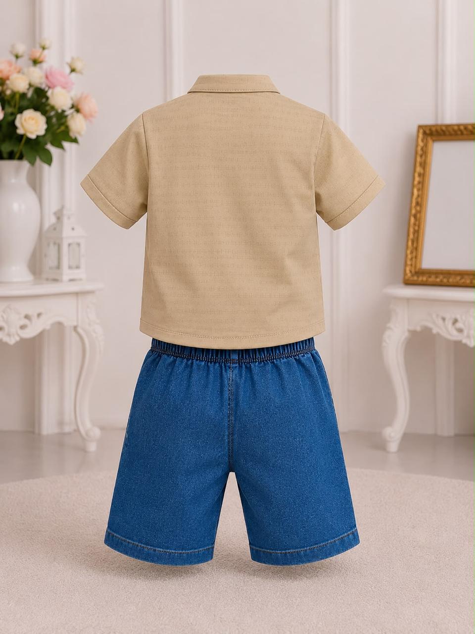 Baby Boy Khaki Shirt & Denim Shorts Set - Mandarin Collar Graphic Print Outfit
