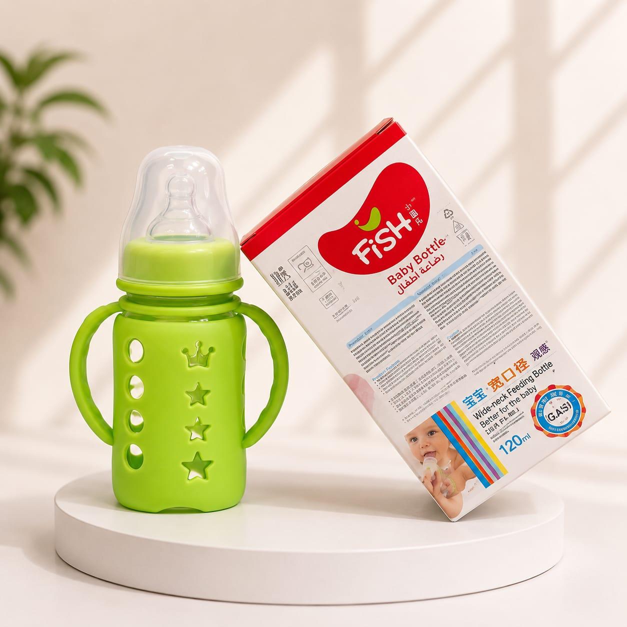 FISH Wide Neck Baby Glass Feeding Bottle 120ml with Handles & Silicone Sleeve