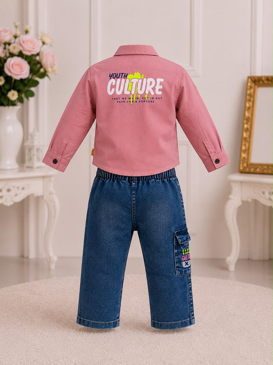 Baby Boy Dusty Pink Shirt & Denim Cargo Jeans Set  Graphic Print Outfit