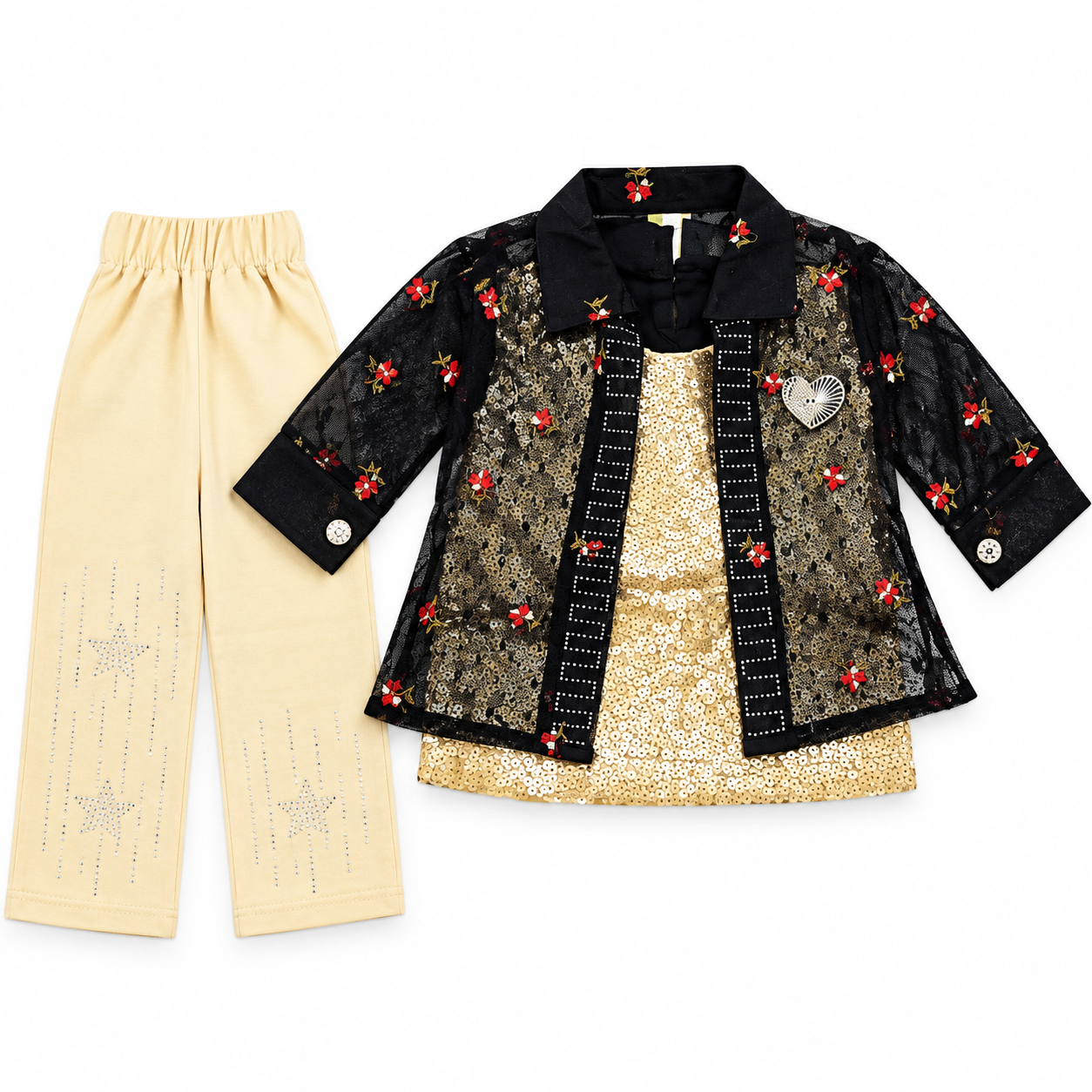 Baby Girl Gold Sequin Party Wear Set with Black Net Shrug & Pants