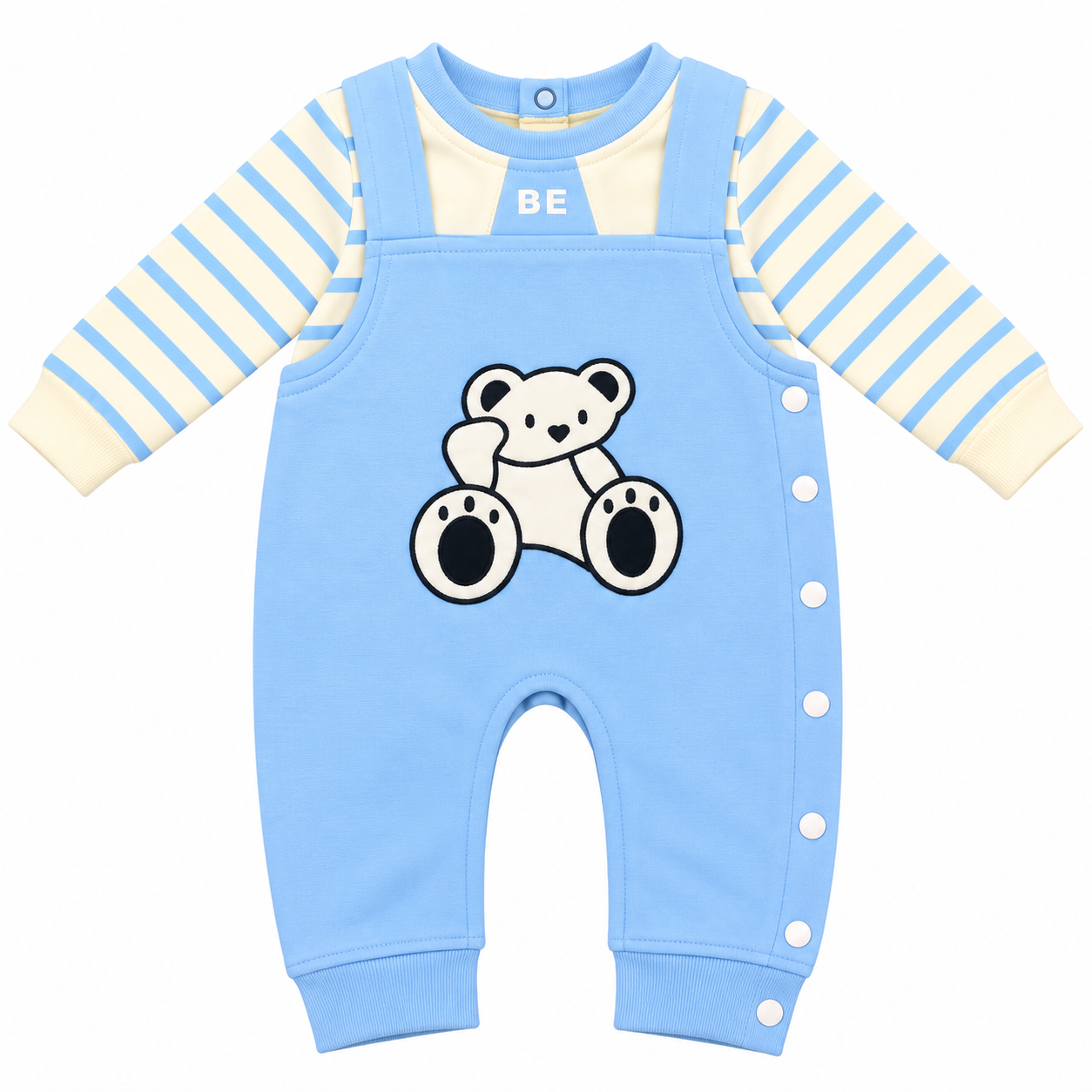 Teddy Bear Baby Romper with Striped Sleeves – Newborn Dungaree Jumpsuit