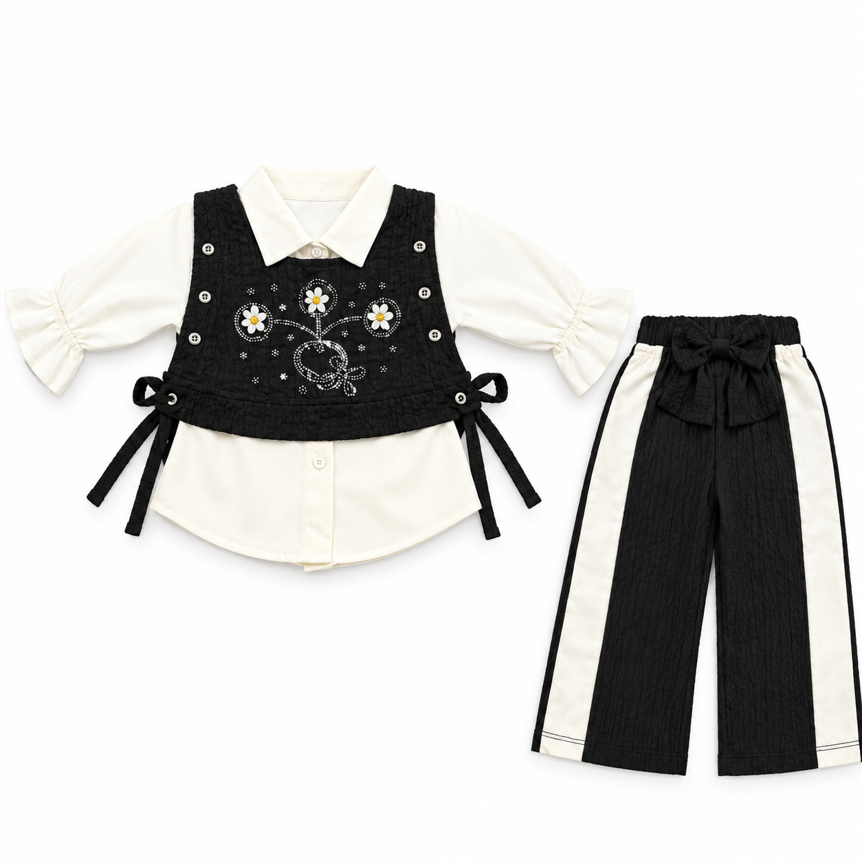 Baby Girl Black & Cream Embellished Vest, Ruffle Shirt & Wide-Leg Pants Set