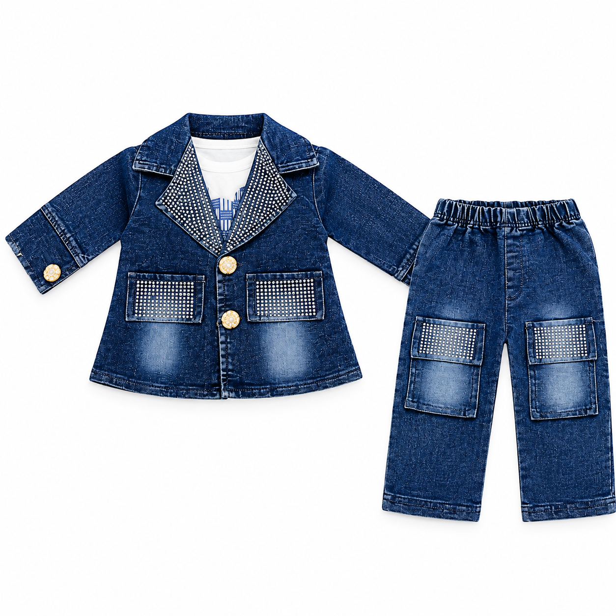 Baby Girl Rhinestone Denim Blazer & Jeans Set with T-Shirt