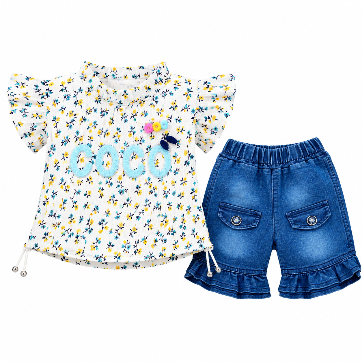 Baby Girl Floral Flutter Sleeve Top & Ruffle Denim Shorts Set