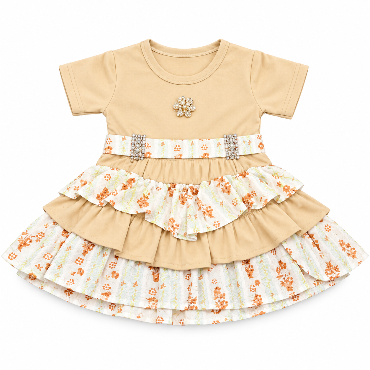 Baby Girl Tiered Ruffle Floral Party Dress with Pearl Brooch