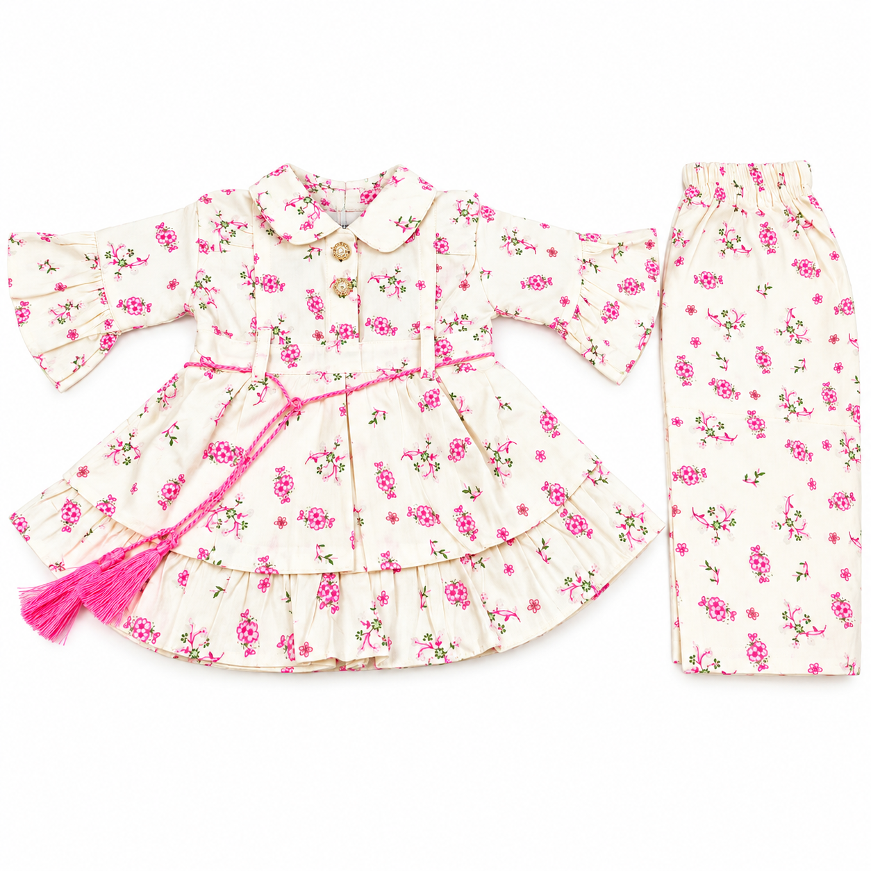 Baby Girl Floral Frock & Trouser Set with Bell Sleeves & Tassel Belt