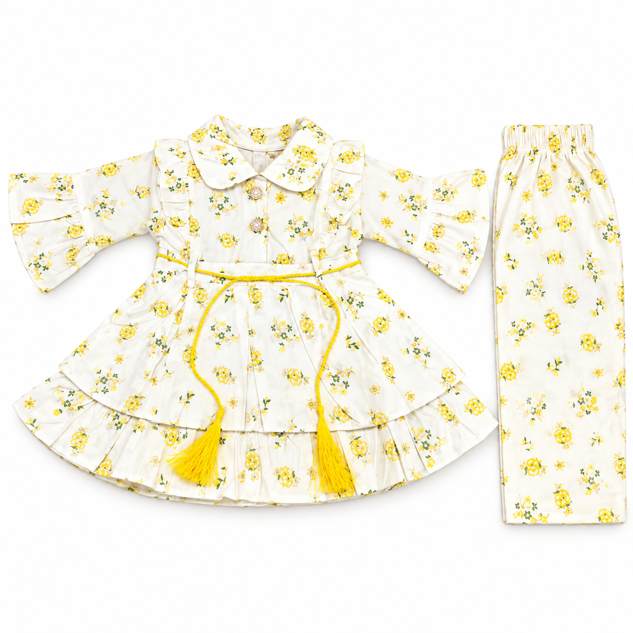 Baby Girl Floral Frock & Trouser Set with Bell Sleeves & Tassel Belt