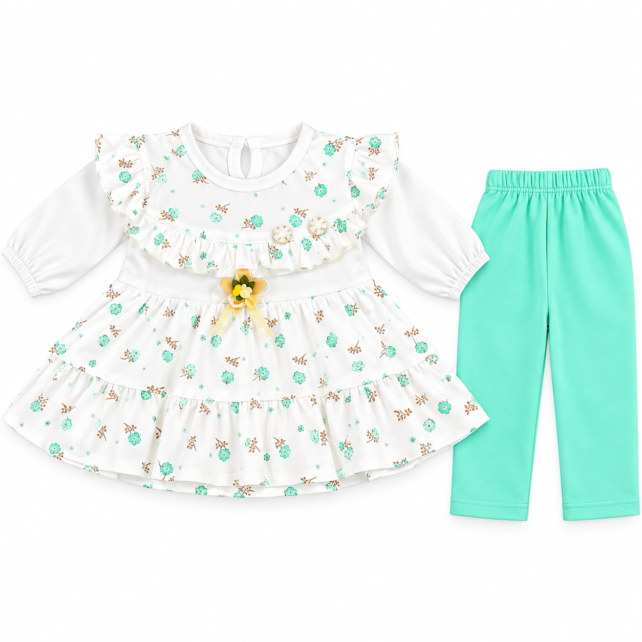 Baby Girl Floral Ruffle Tunic Dress & Mint Leggings Set – Long Sleeve