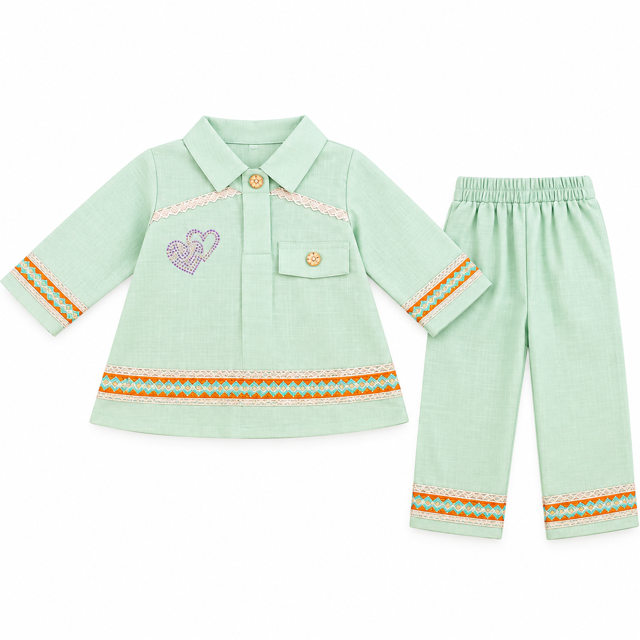 Baby Girl Mint Green Kurta Pajama Set with Embroidered Lace Trim