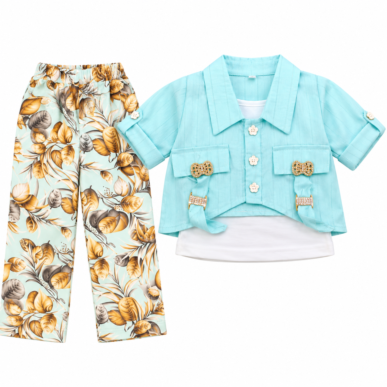 Baby Girl Aqua Shirt, White Cami & Floral Palazzo Pants – 3 Piece Set