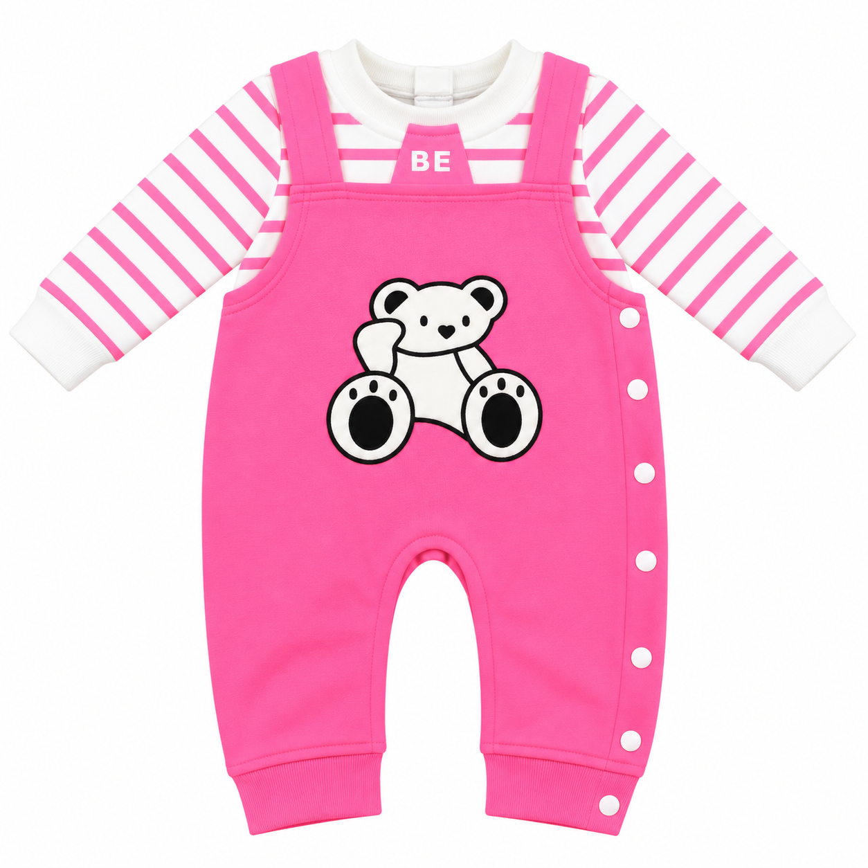 Teddy Bear Baby Romper with Striped Sleeves – Newborn Dungaree Jumpsuit
