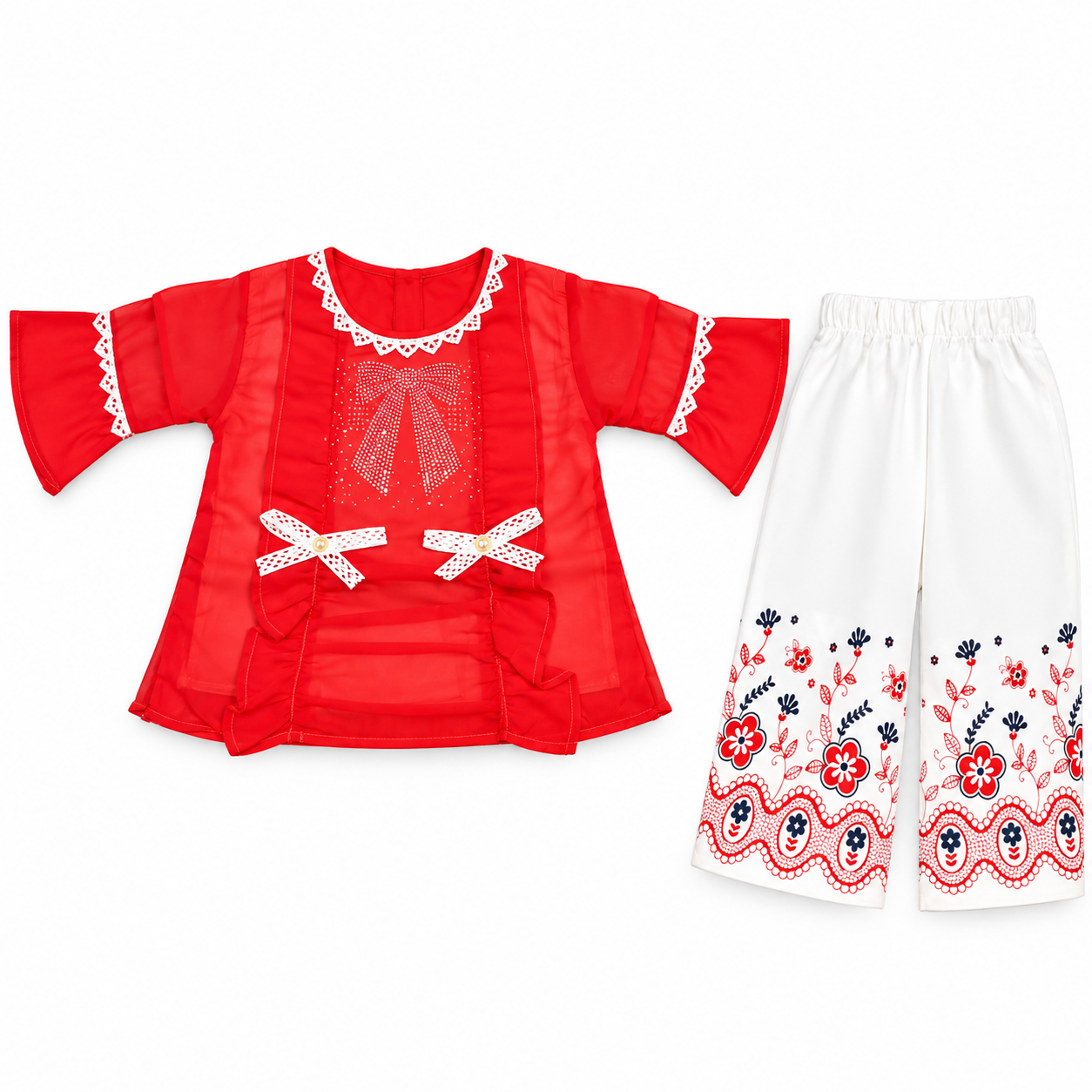 Baby Girl Red Chiffon Bow Top & White Printed Palazzo Set