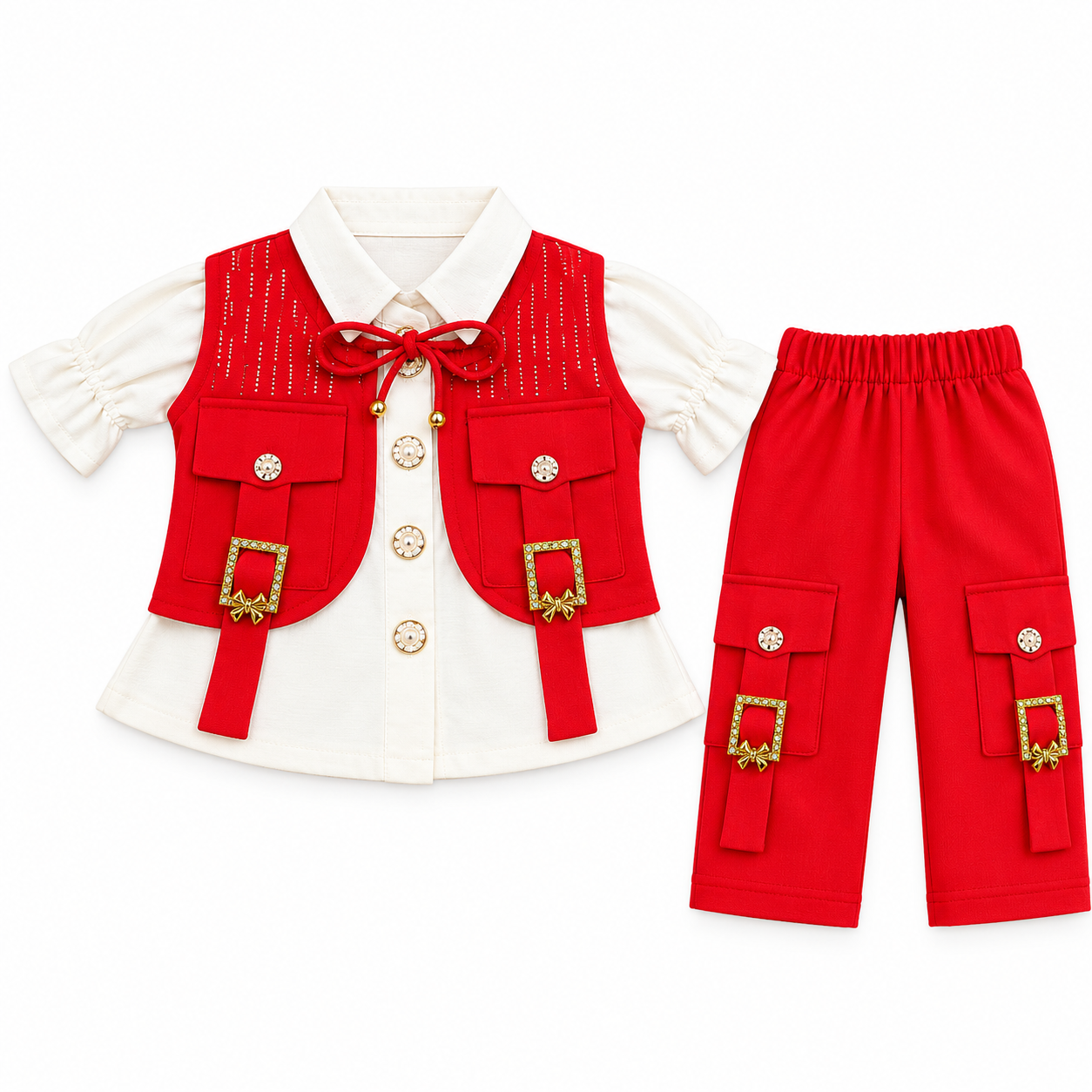Baby Girl Red Vest, White Puff Sleeve Shirt & Cargo Pants – 3 Piece Set