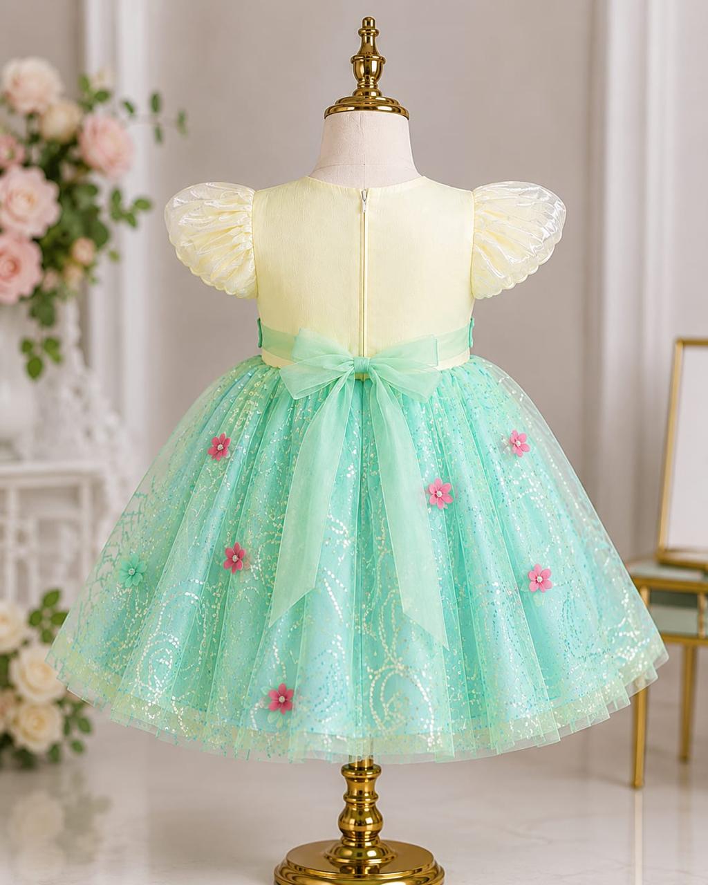 Girls Mint Green & Pastel Yellow Floral Tulle Party Dress Sparkly Princess Birthday Dress