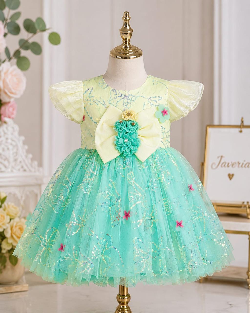 Girls Mint Green & Pastel Yellow Floral Tulle Party Dress Sparkly Princess Birthday Dress