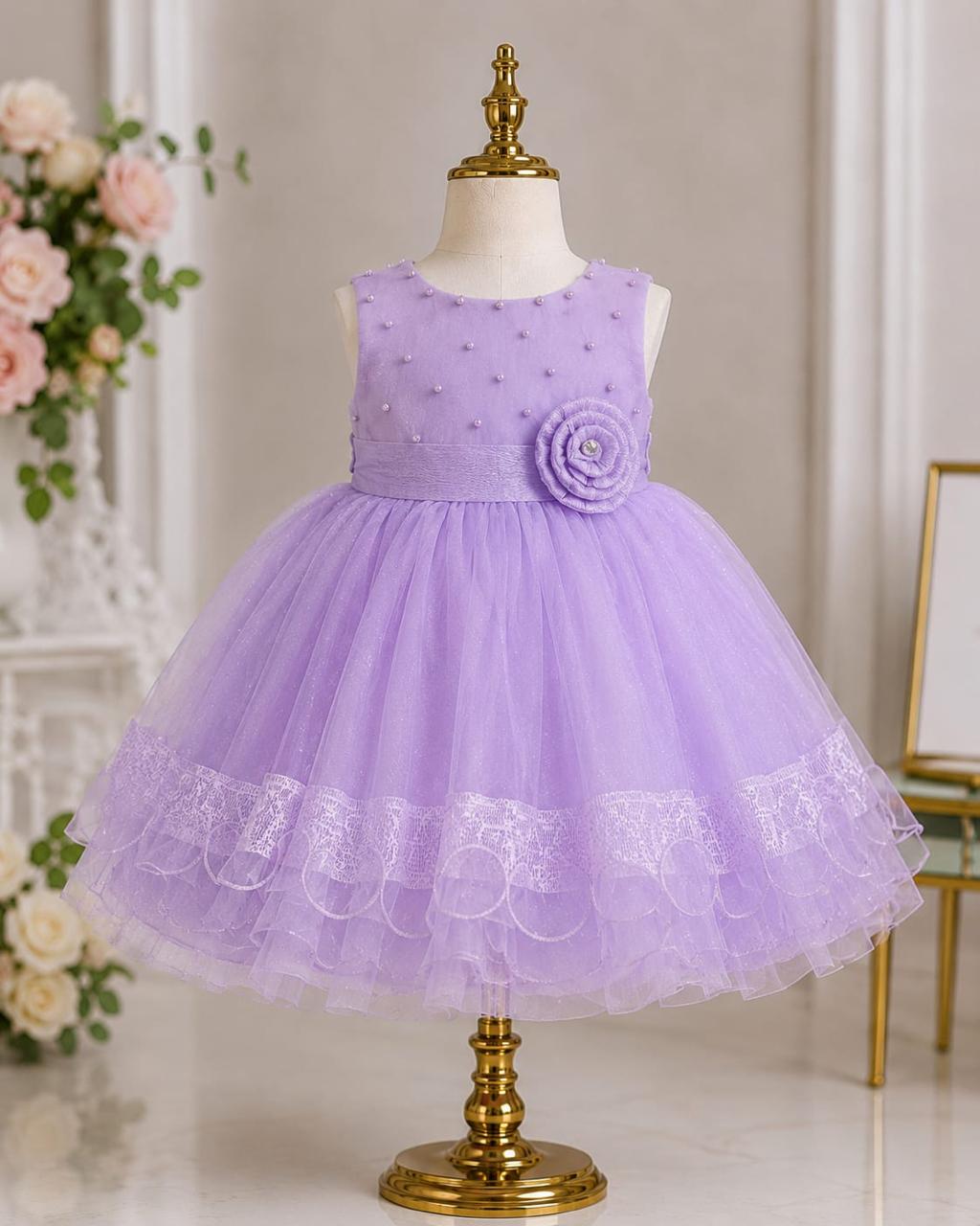 Lavender Pearl Tulle Princess Frock for Baby Girls  Rosette & Bow Back