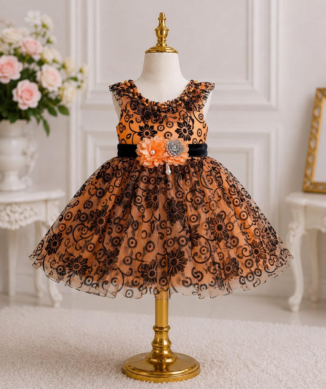 Baby Girl Orange & Black Floral Party Frock Dress