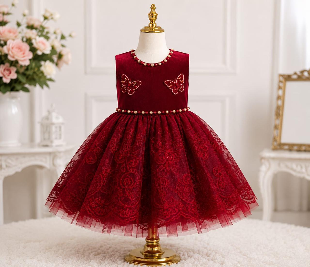 Maroon Butterfly Party Frock for Baby Girls