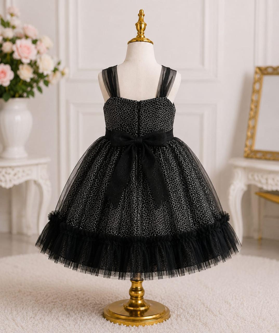 Black Glitter Tulle Party Frock for Baby Girls  Diamond Bodice & Flower Brooch