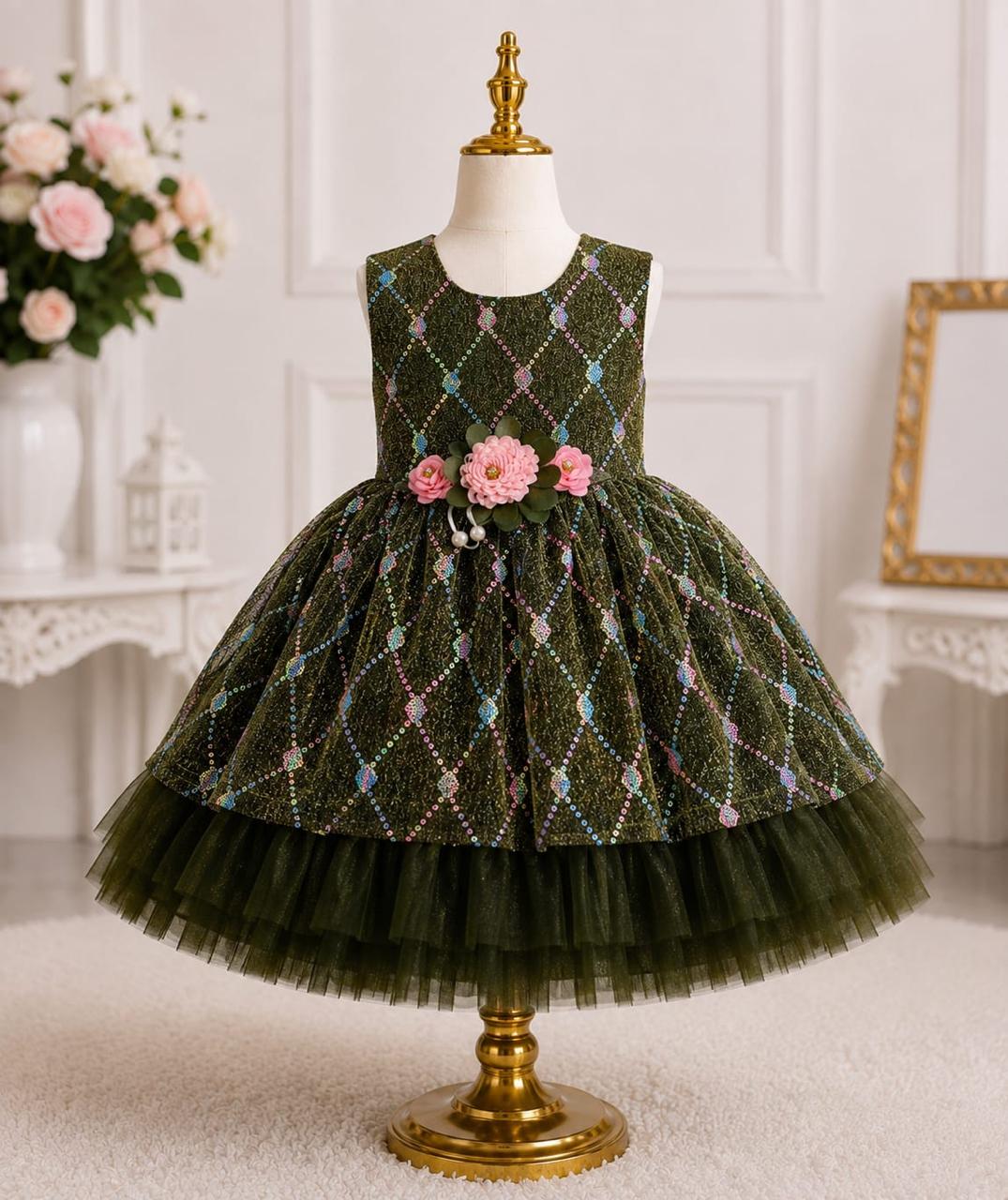 Olive Green Sequin Party Frock for Baby Girls  Floral Brooch & Velvet Bow