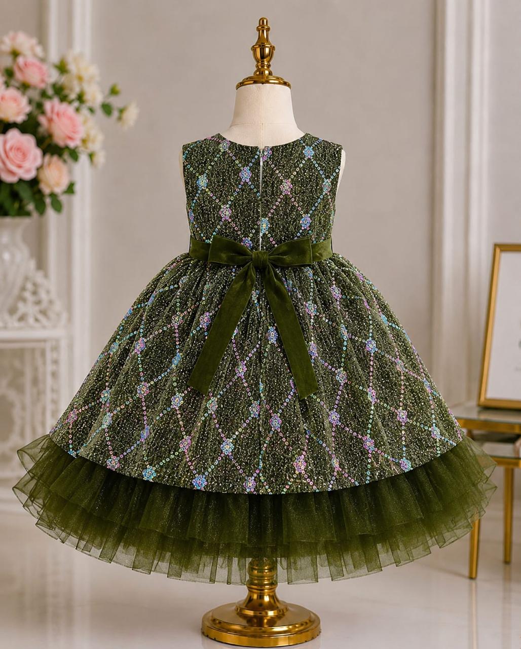 Olive Green Sequin Party Frock for Baby Girls  Floral Brooch & Velvet Bow