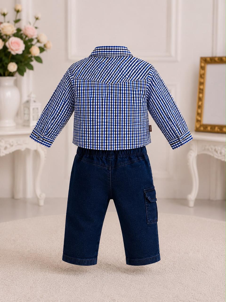 Baby Boy Blue Check Shirt, Striped T-Shirt & Denim Jeans - 3 Piece Outfit Set