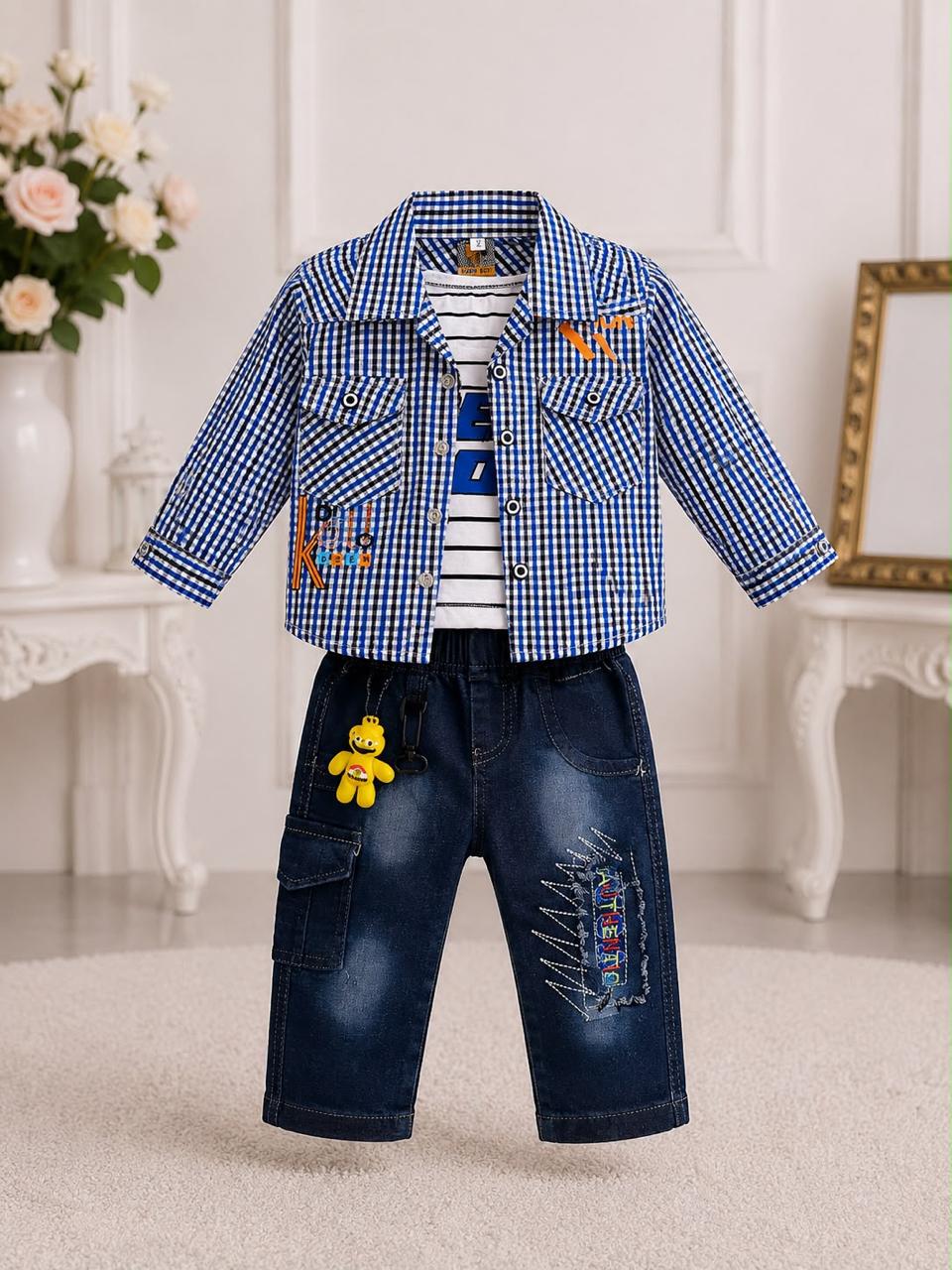 Baby Boy Blue Check Shirt, Striped T-Shirt & Denim Jeans - 3 Piece Outfit Set