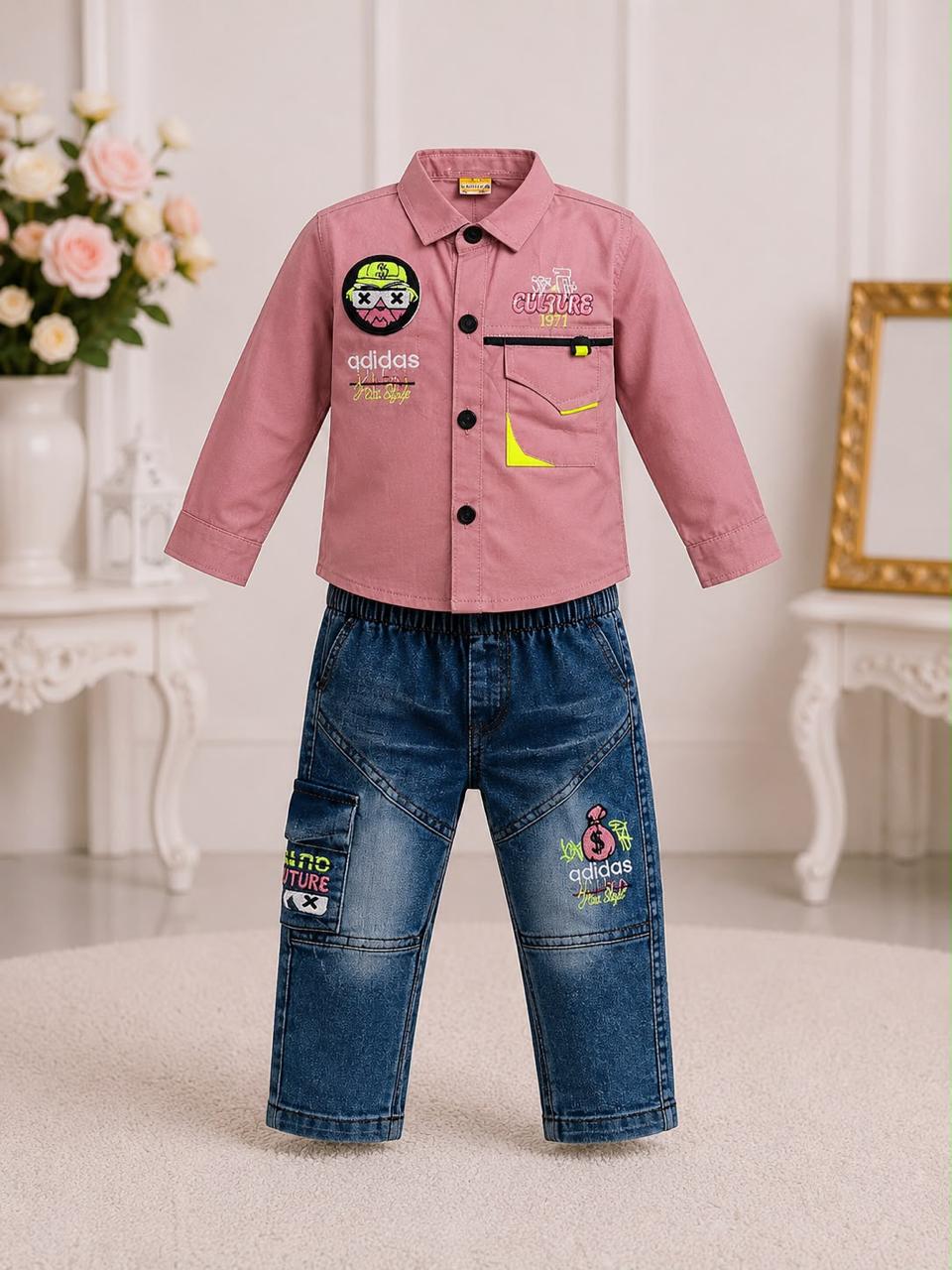 Baby Boy Dusty Pink Shirt & Denim Cargo Jeans Set  Graphic Print Outfit