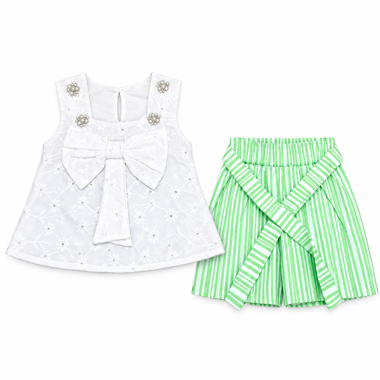 Baby Girl White Eyelet Bow Top & Green Striped Shorts Set – Summer Outfit