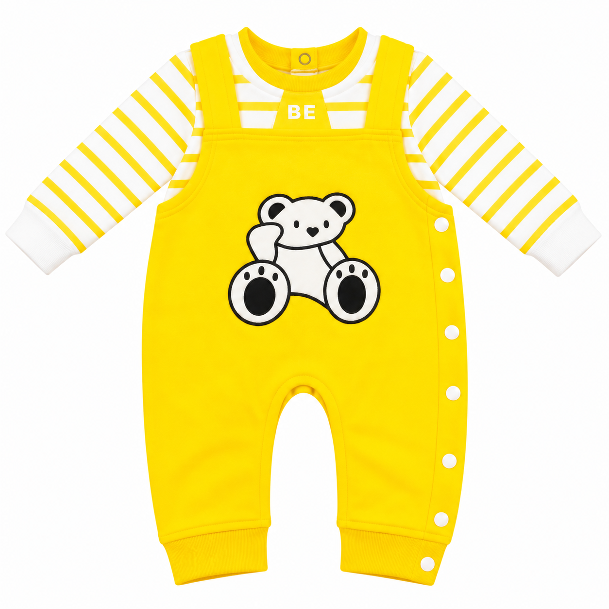 Teddy Bear Baby Romper with Striped Sleeves – Newborn Dungaree Jumpsuit